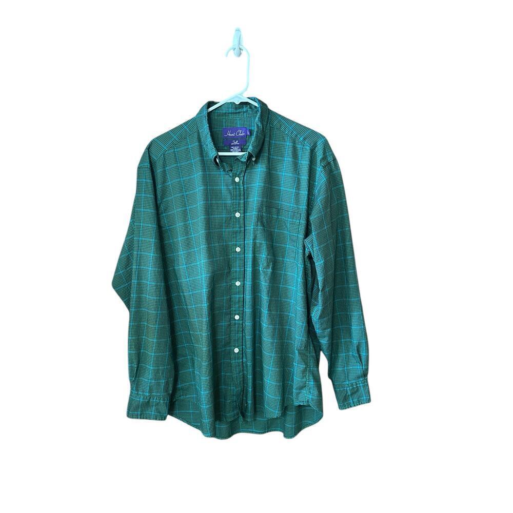 Men’s vintage Hunt Club plaid button down shirt sz L green purple blue